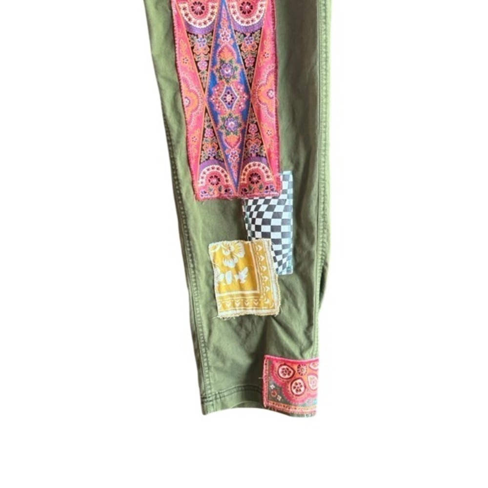Unique upcycled Old Navy Chino Olive Green Boho Patchwork Pants Womens Medium - Picture 4 of 7
